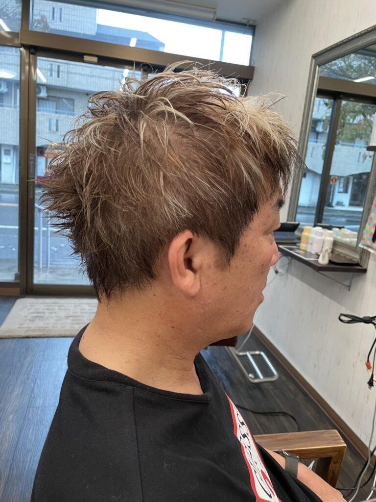 白髪となじむ細かいハイライトブリーチの束感（サイドの仕上がり）