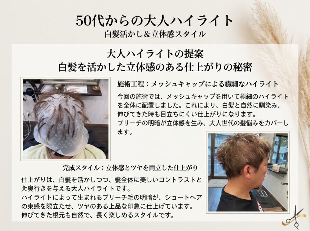 メッシュキャップを装着して細かく髪を引き出したハイライトブリーチの施術風景