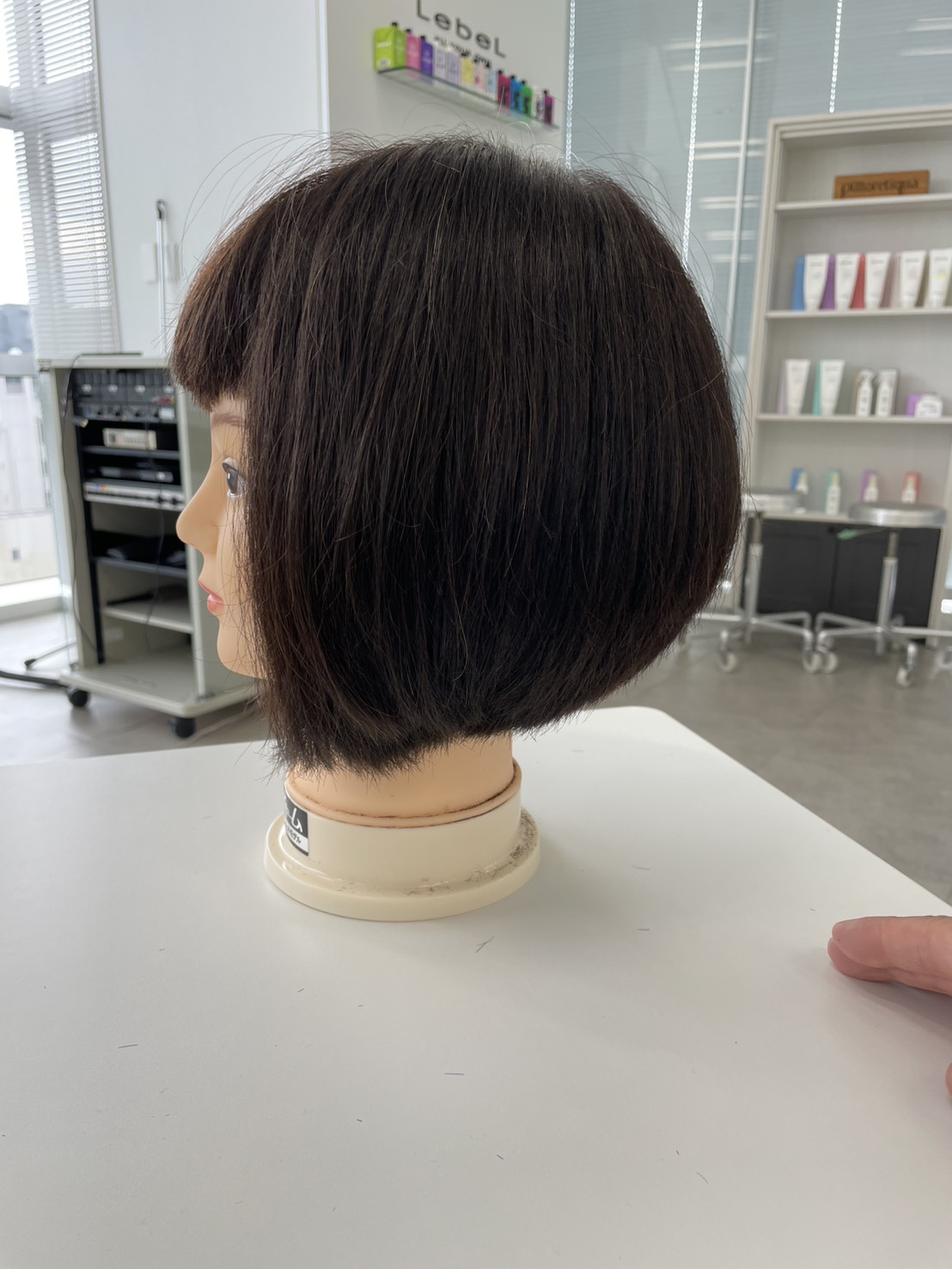カット講習で制作した日本人向け前下がりボブのウィッグ（バックシルエット）